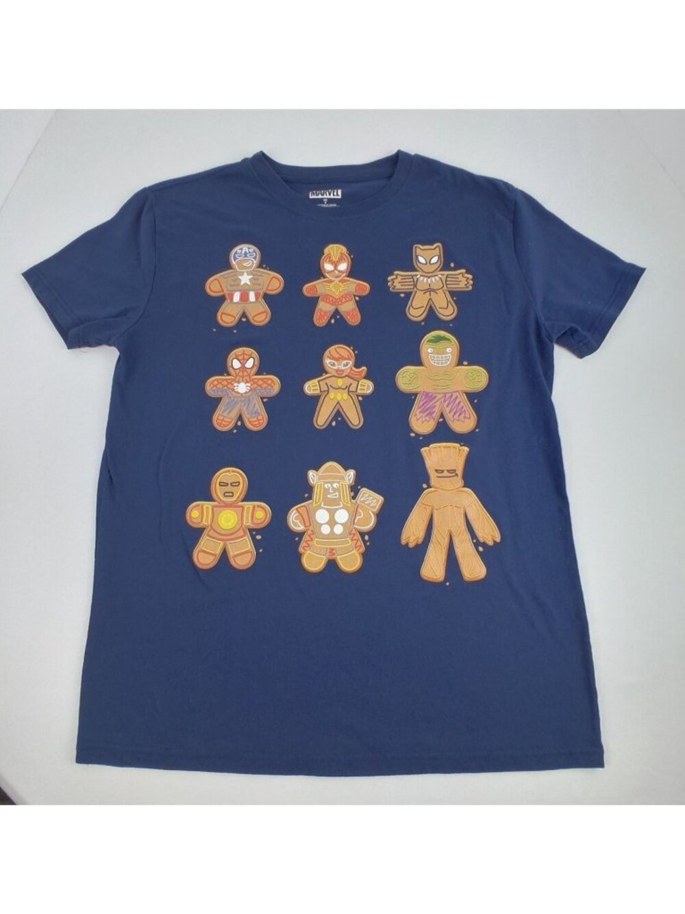 Marvel Navy Blue Graphic Tee Gingerbread Groot Capt America Ironman Mens Size M